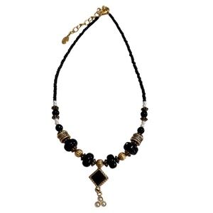 Vintage Robert Rose Black Gold Pearl Beaded Dangle Necklace